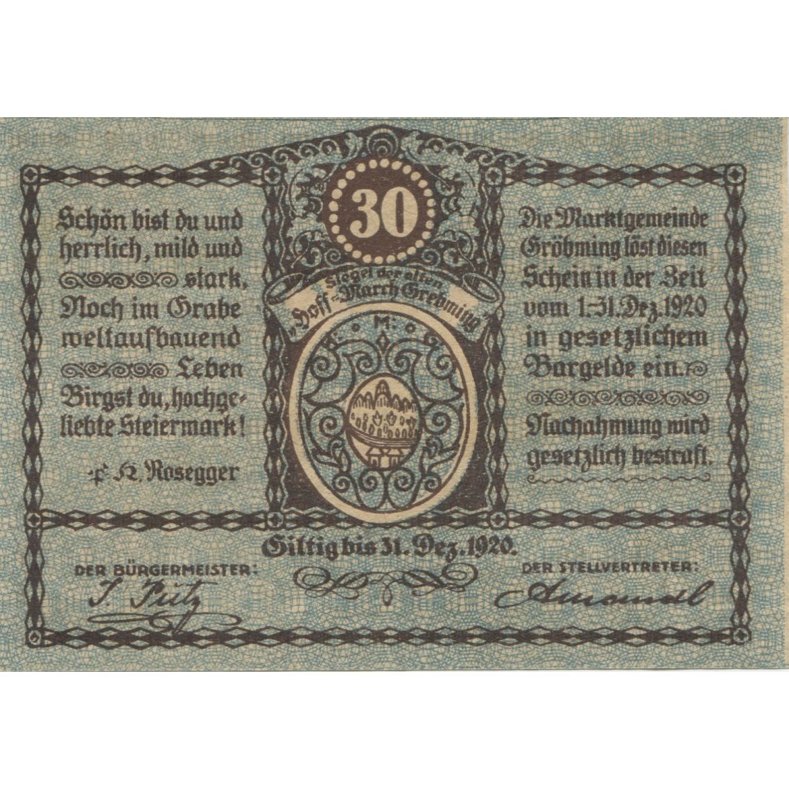 Billet, Autriche, Gröbming, 30 Heller, paysage 1920-12-31, SPL, Mehl:FS 289a