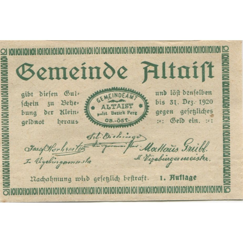 Banknote, Austria, Altaist, 50 Heller, place 1920-12-31, UNC(63), Mehl:FS 23a1