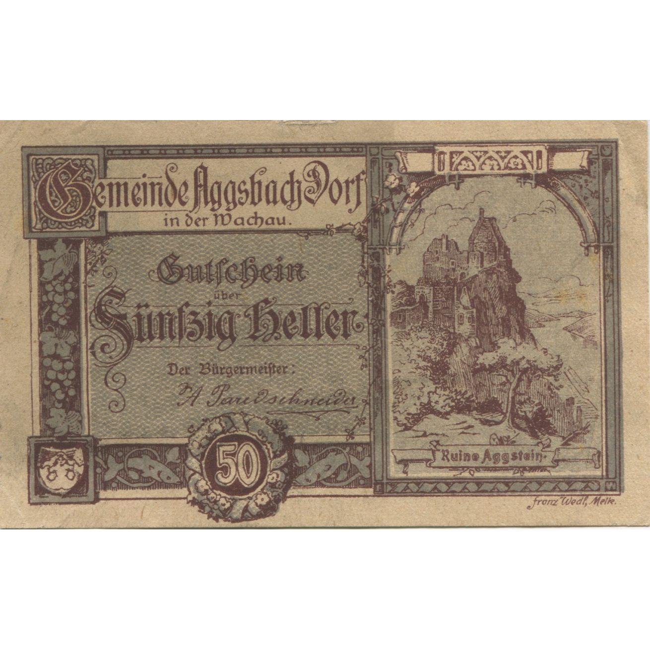Billet, Autriche, Aggsbach, 50 Heller, ruine, 1920, 1920-12-31, SUP, Mehl:FS  8