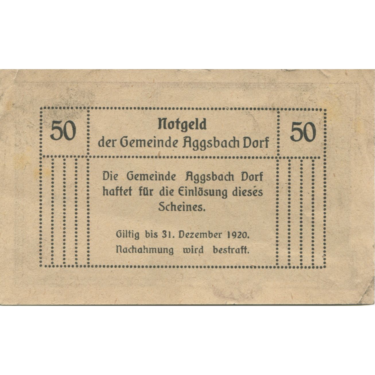 Billet, Autriche, Aggsbach, 50 Heller, ruine, 1920, 1920-12-31, SUP, Mehl:FS  8