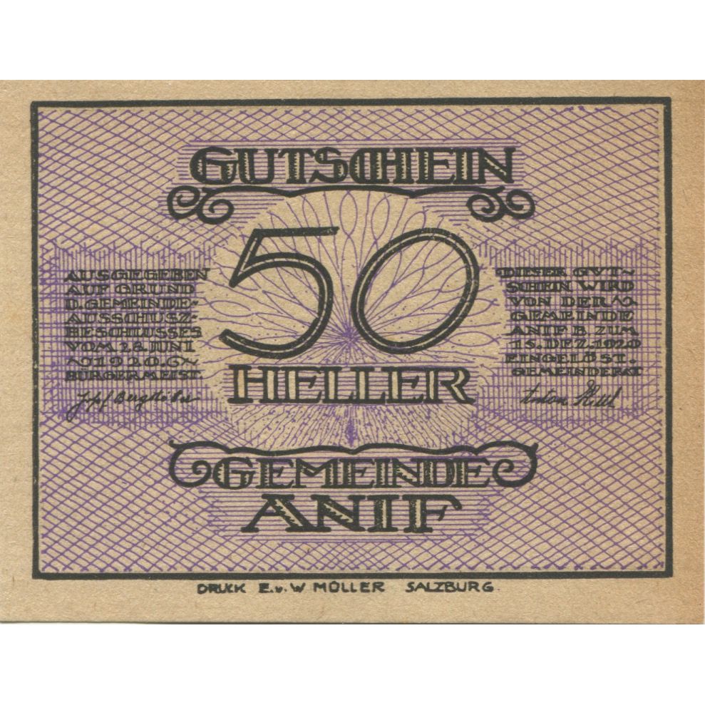 Banknote, Austria, Anif, 50 Heller, porte 1920-12-15, UNC(63), Mehl:FS 43a