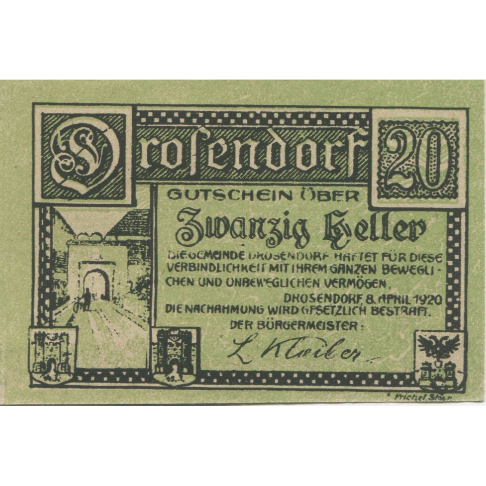 Banknote, Austria, Drosendorf, 20 Heller, porte, 1920, UNC(63) Mehl:FS 134a