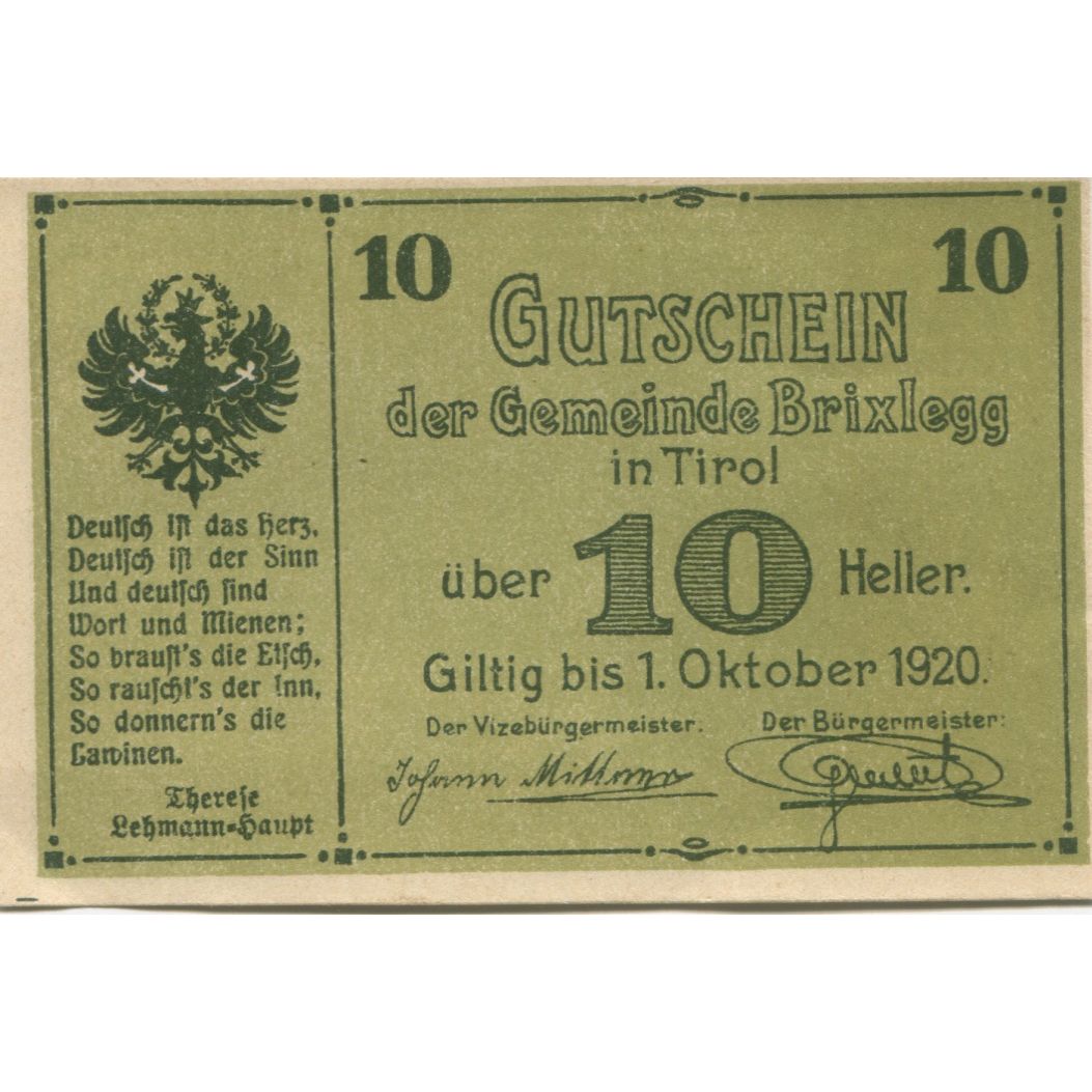 Banknote, Austria, Brixlegg, 10 Heller, paysage, 1920 UNC(63) Mehl:FS 104a