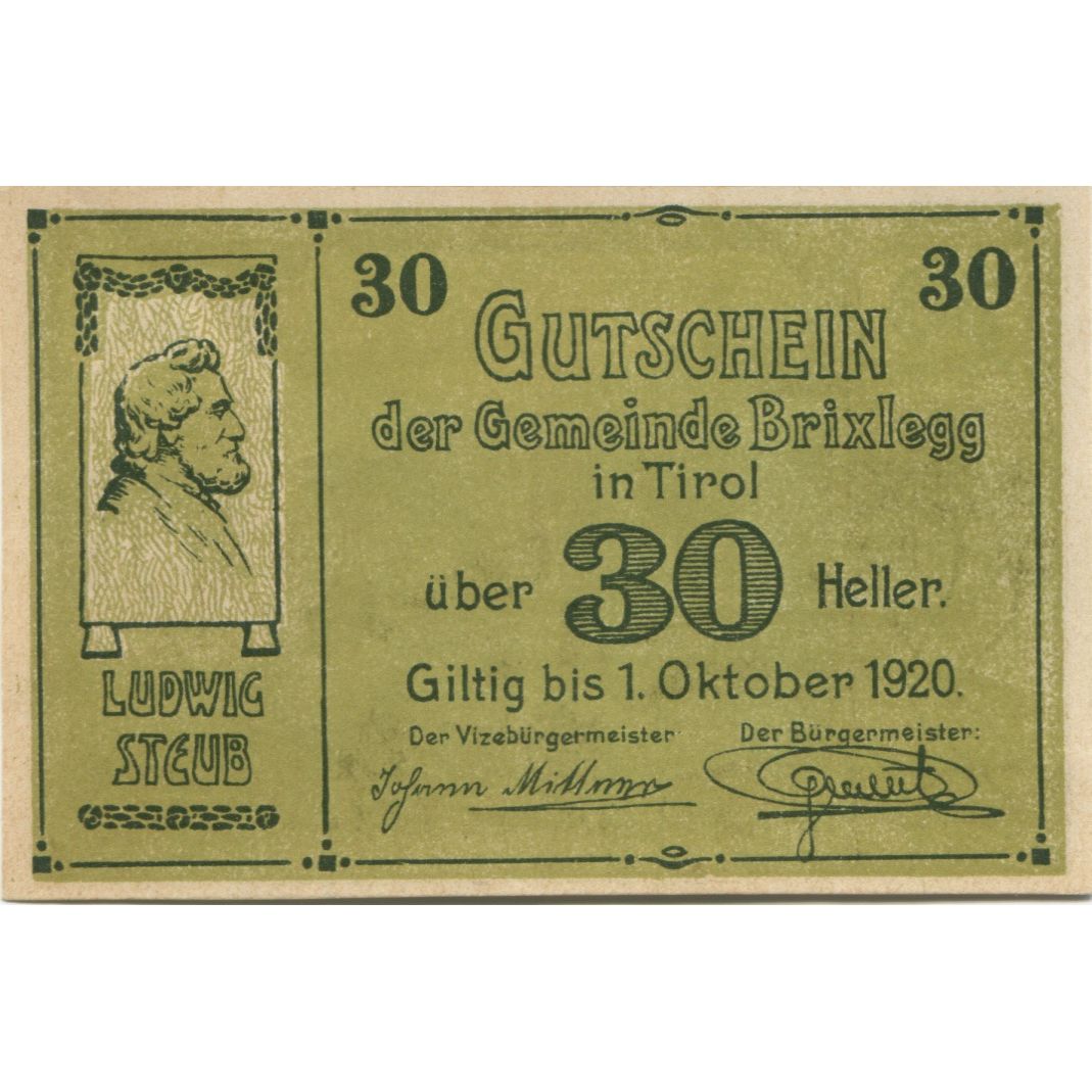 Billet, Autriche, Brixlegg, 30 Heller, paysage 1920-10-31, SPL, Mehl:FS 104a