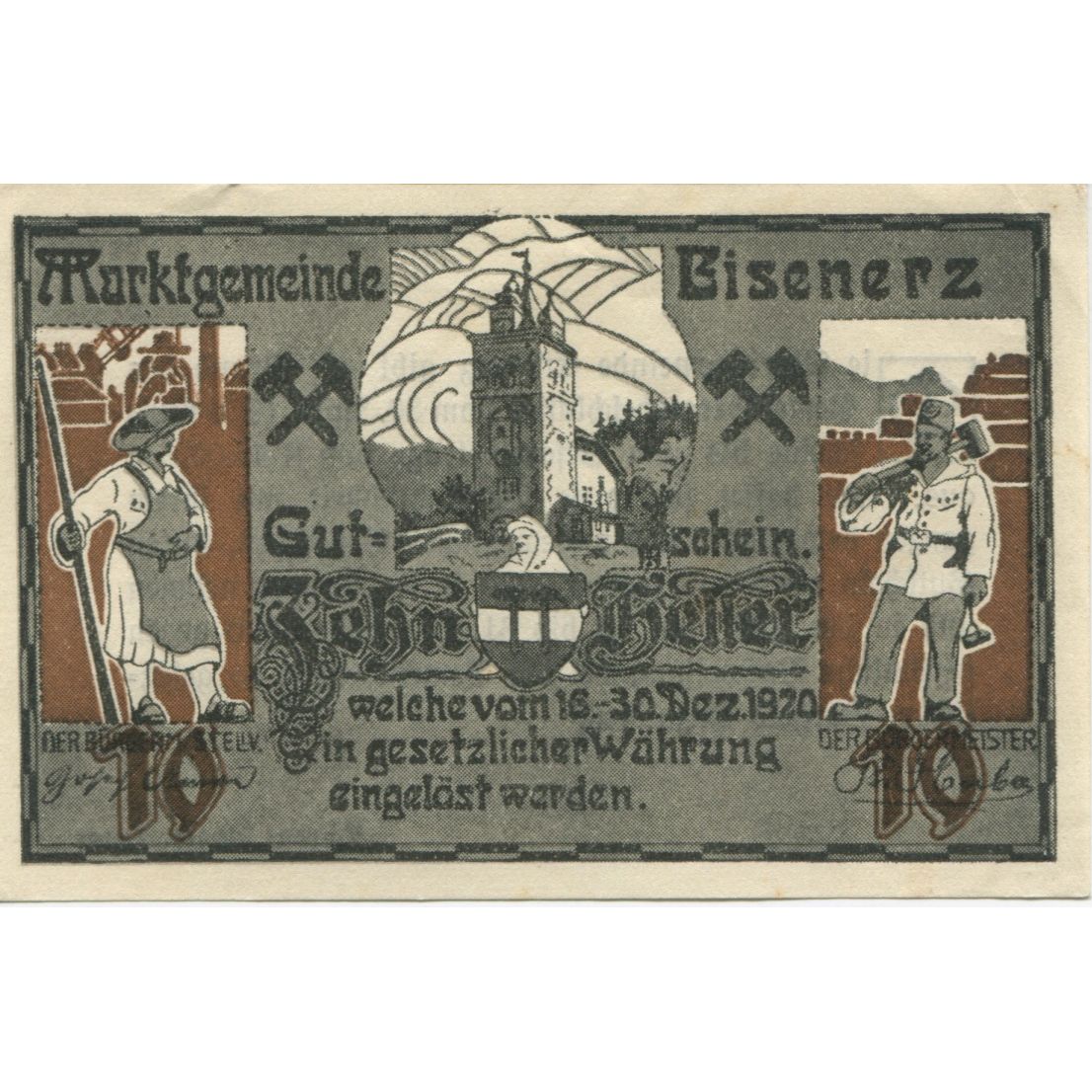 Biljet, Oostenrijk, Eisenerz, 10 Heller, personnage 1920-12-30, SPL Mehl:FS 169