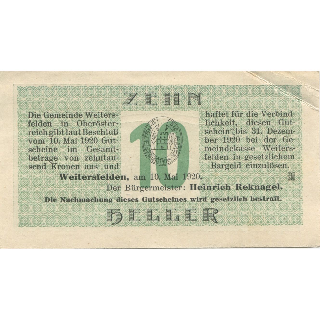 Banconote, Austria, Weitersfelden, 10 Heller, paysage, 1920 SPL- Mehl:FS 1164a