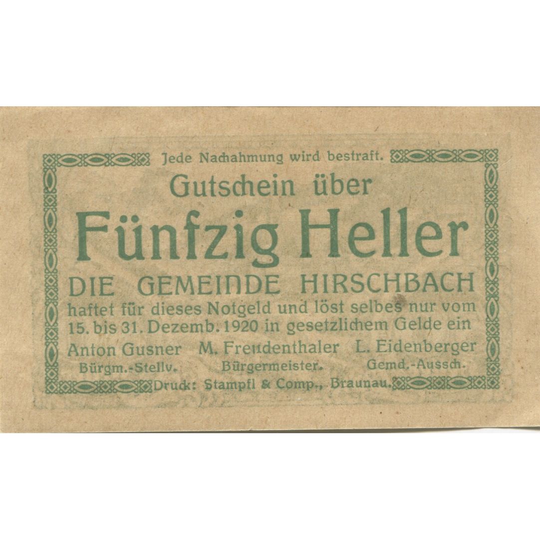 Banknote, Austria, Hirschbach, 50 Heller, village, 1920 UNC(63) Mehl:FS 379