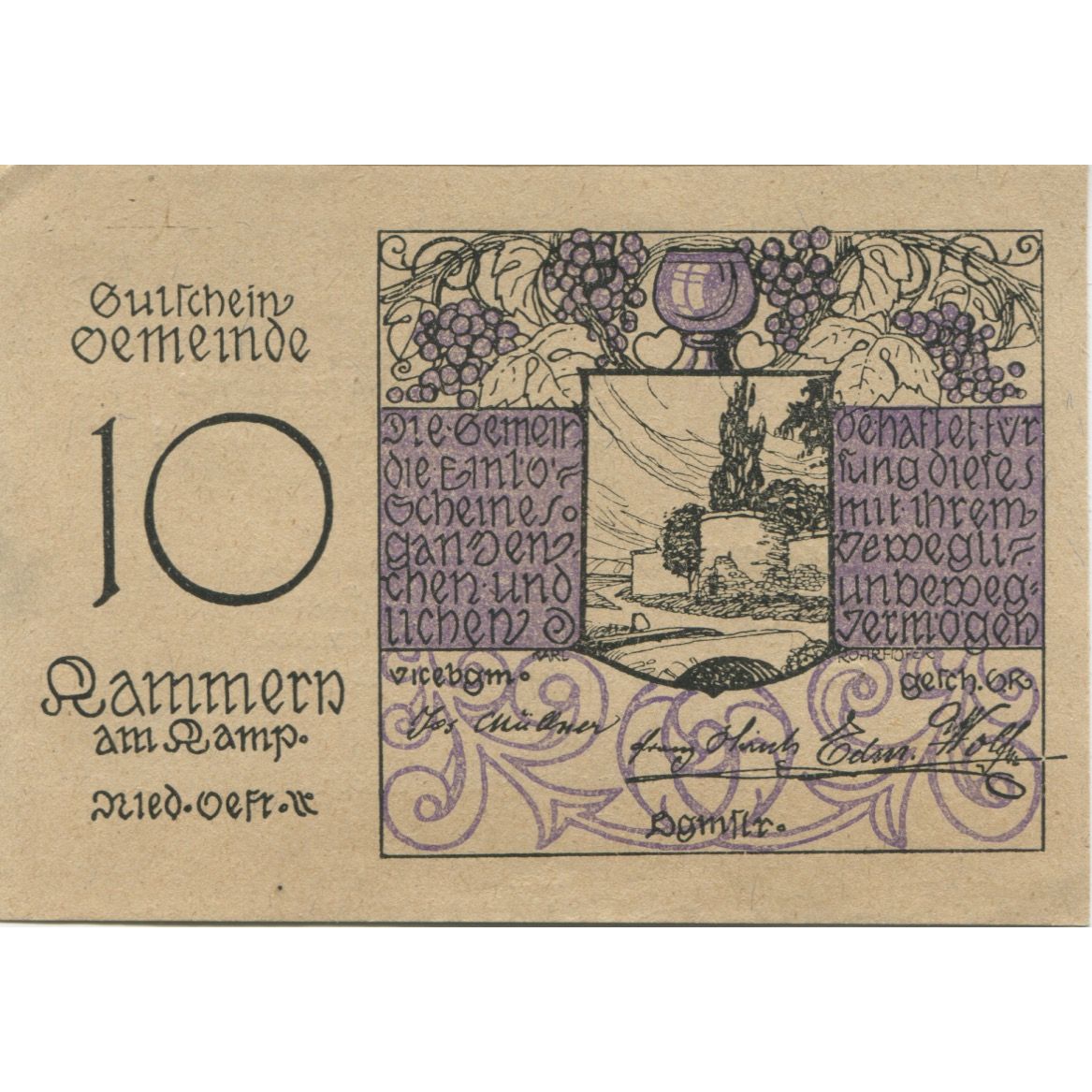 Banconote, Austria, Kammern am Kamp, 10 Heller, raisin, 1920 SPL Mehl:FS 424