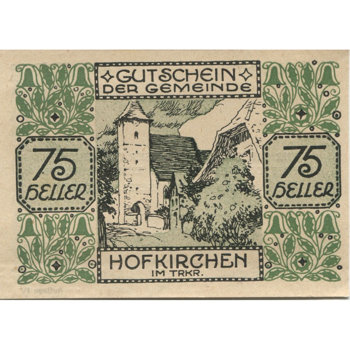 Banknote, Austria, Hofkirchen, 75 Heller, Eglise, 1921, UNC(63) Mehl:FS 387III
