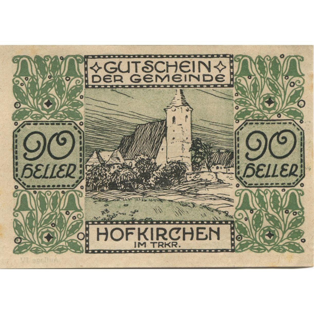 Banknote, Austria, Hofkirchen, 90 Heller, Eglise, 1921 UNC(63) Mehl:FS 387III