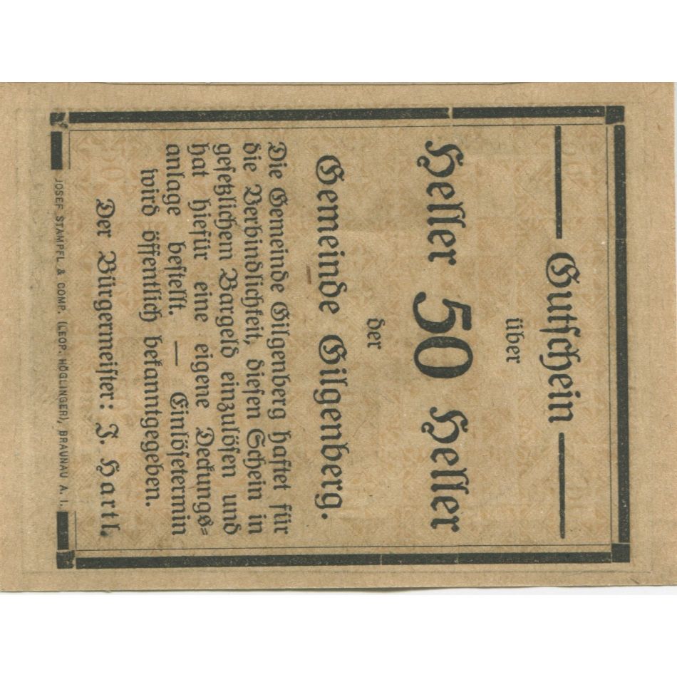 Banknote, Austria, Gilgenberg, 50 Heller, Eglise, 1920, UNC(63), Mehl:FS 236a