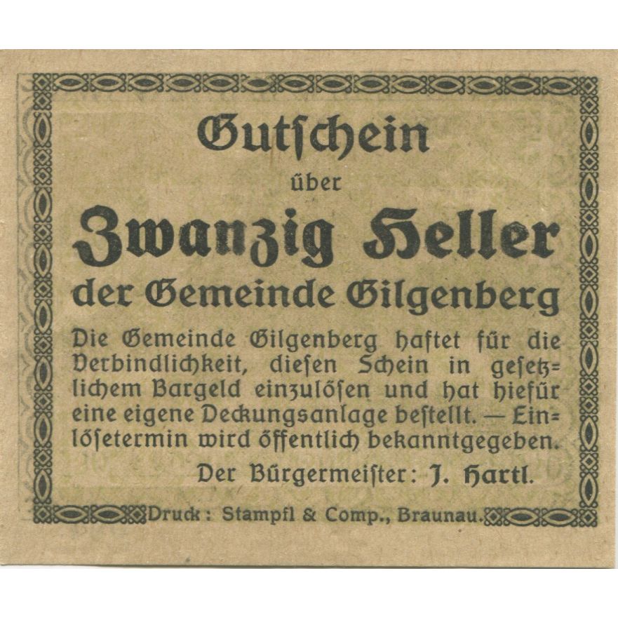 Banknote, Austria, Gilgenberg, 20 Heller, Maison, 1920, UNC(63), Mehl:FS 236a