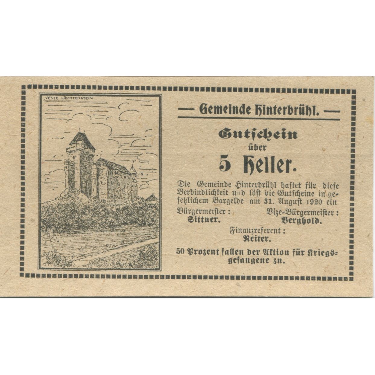 Biljet, Oostenrijk, Hinterbrühl, 5 Heller, château 1920-08-31, SPL Mehl:FS 376