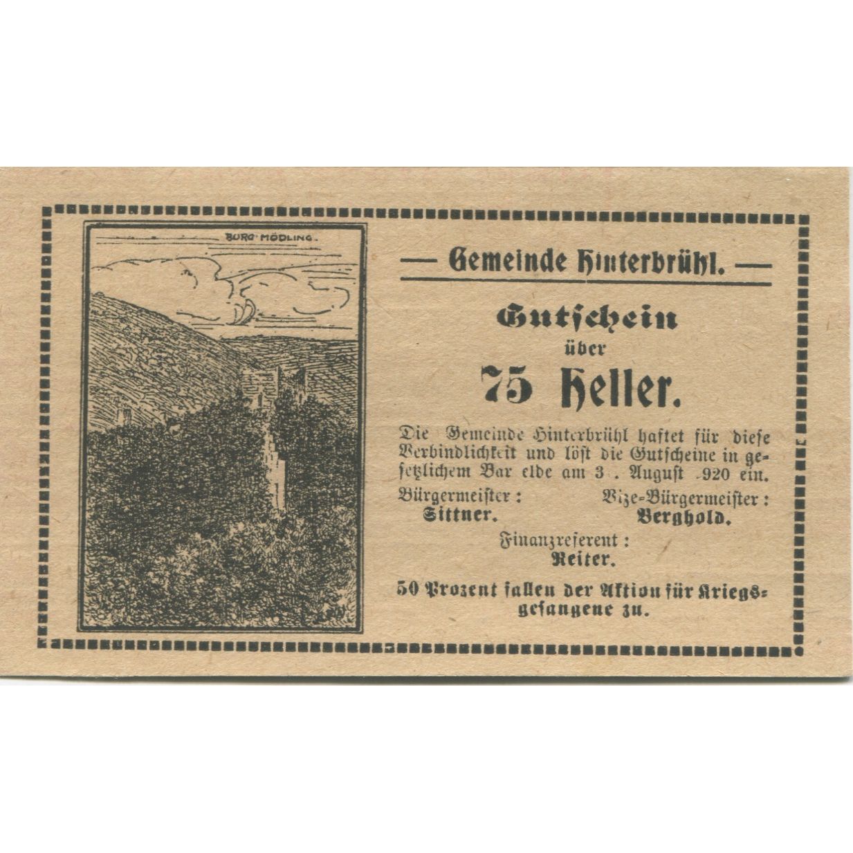 Banknote, Austria, Hinterbrühl, 75 Heller, ruine, 1920 UNC(63) Mehl:FS 376