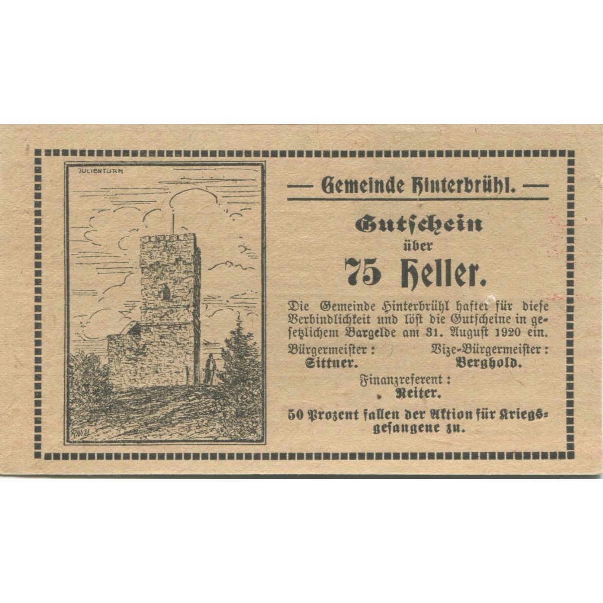Banconote, Austria, FS 376, 75 Heller, tour, 1920, 1920-08-31, SPL, Mehl:FS 376