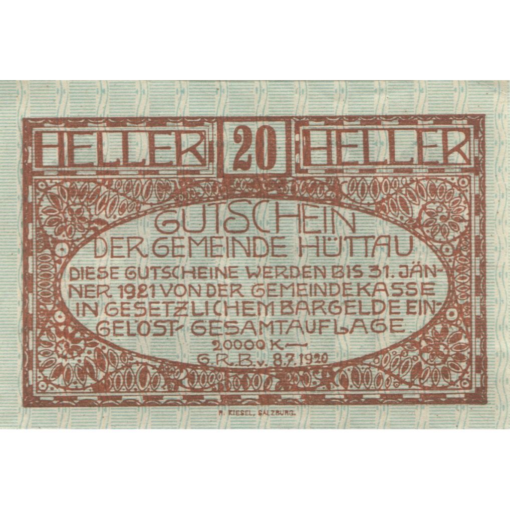 Banknote, Austria, Hüttau, 20 Heller, village 1921-01-31, UNC(63) Mehl:FS 401a