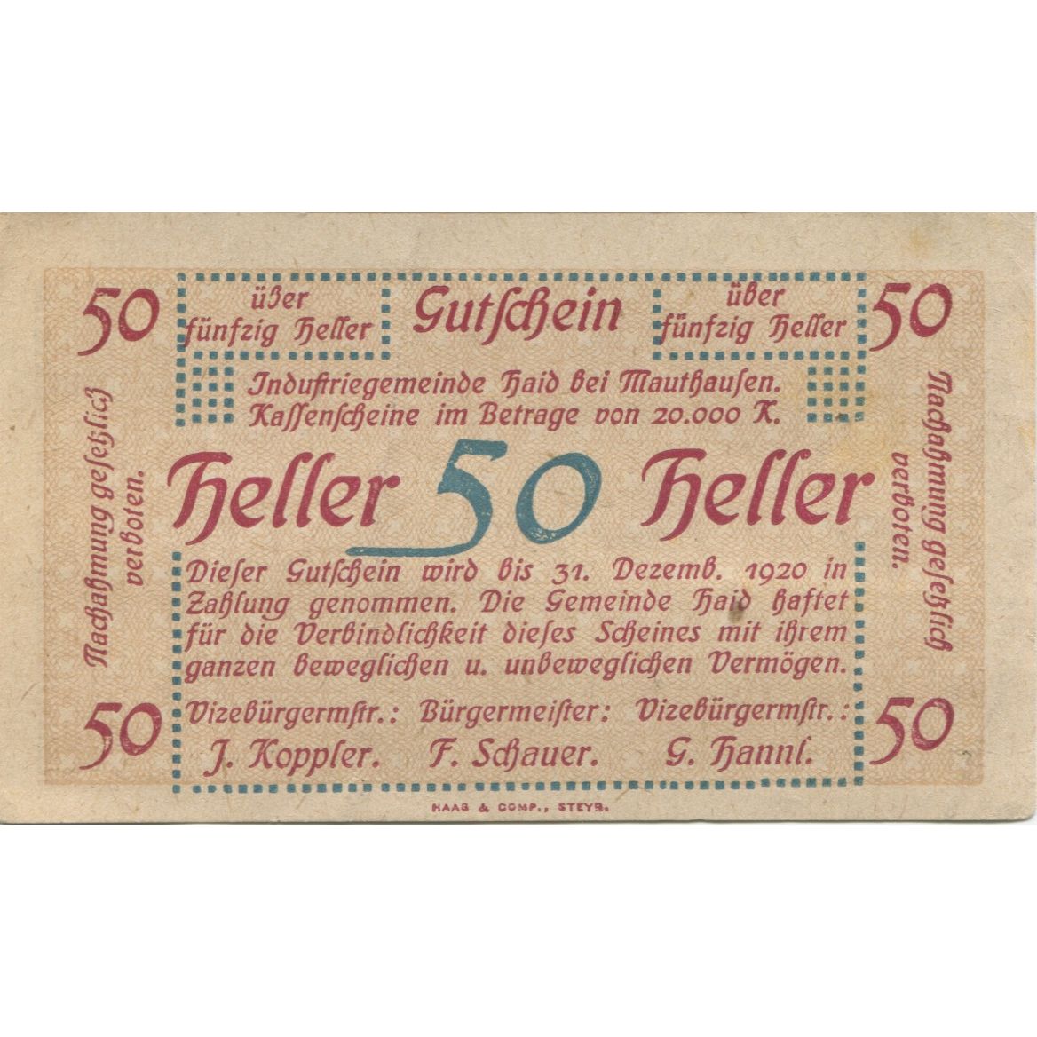Banknote, Austria Mauthausen, 50 Heller, cimetière, 1920 AU(55-58) Mehl:FS 334Ia