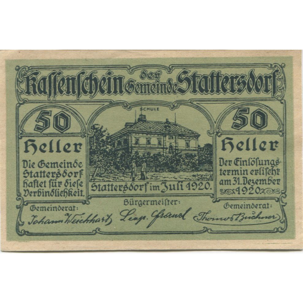 Banconote, Austria, Stattersdorf, 50 Heller, école, 1920 SPL Mehl:FS 927