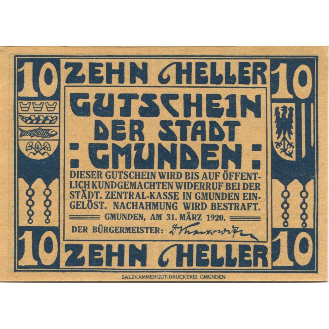 Geldschein, Österreich, Gmunden, 10 Heller, bateau, 1920 UNZ- Mehl:FS 240IIa