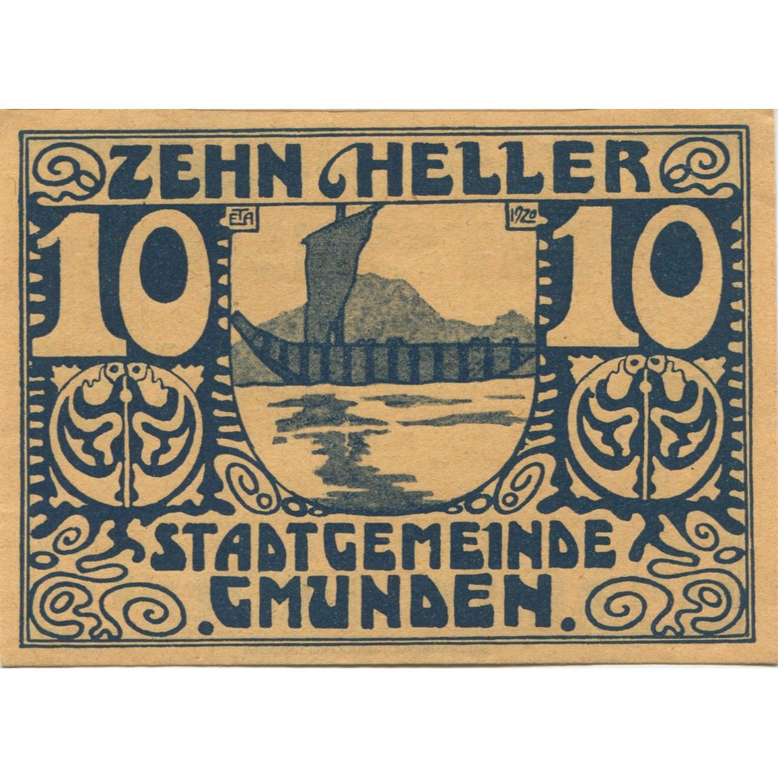 Geldschein, Österreich, Gmunden, 10 Heller, bateau, 1920 UNZ- Mehl:FS 240IIa