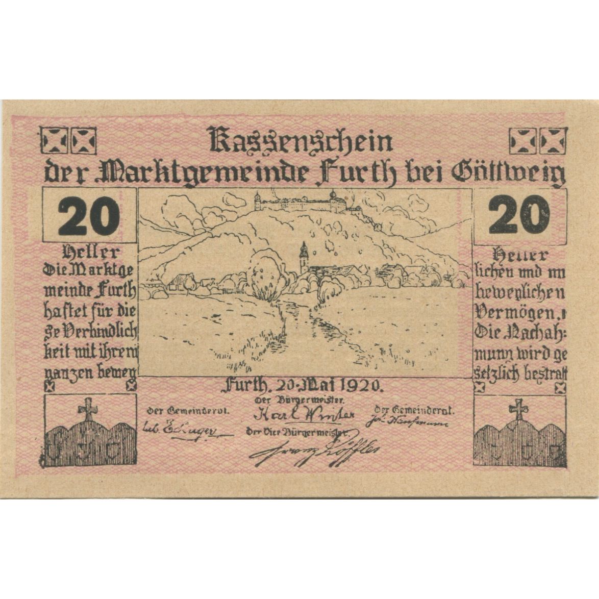 Geldschein, Österreich, Furth, 20 Heller, paysage, 1920 UNZ- Mehl:FS 214aB