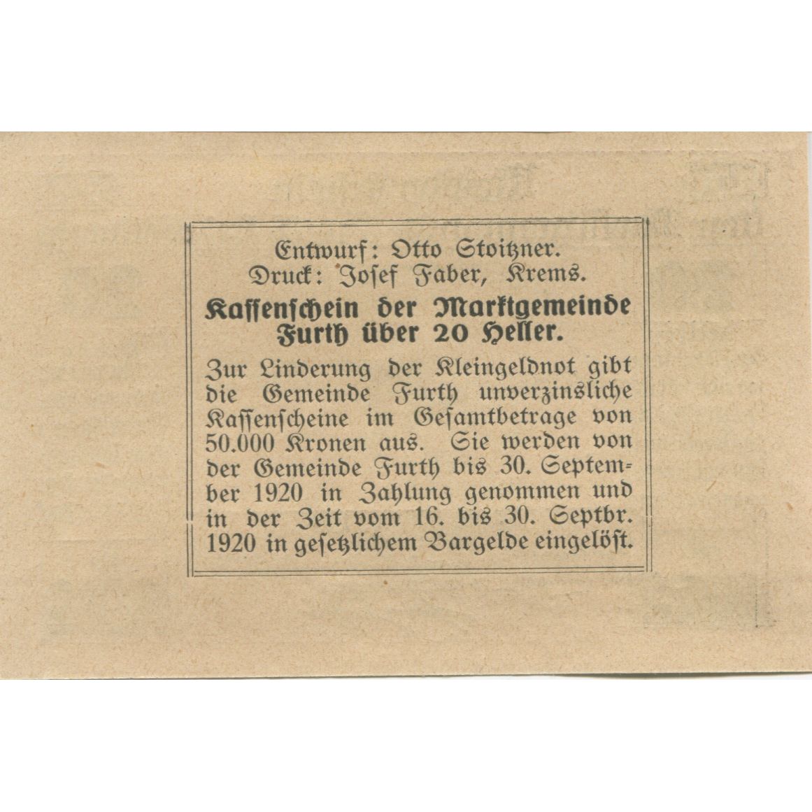 Geldschein, Österreich, Furth, 20 Heller, paysage, 1920 UNZ- Mehl:FS 214aB