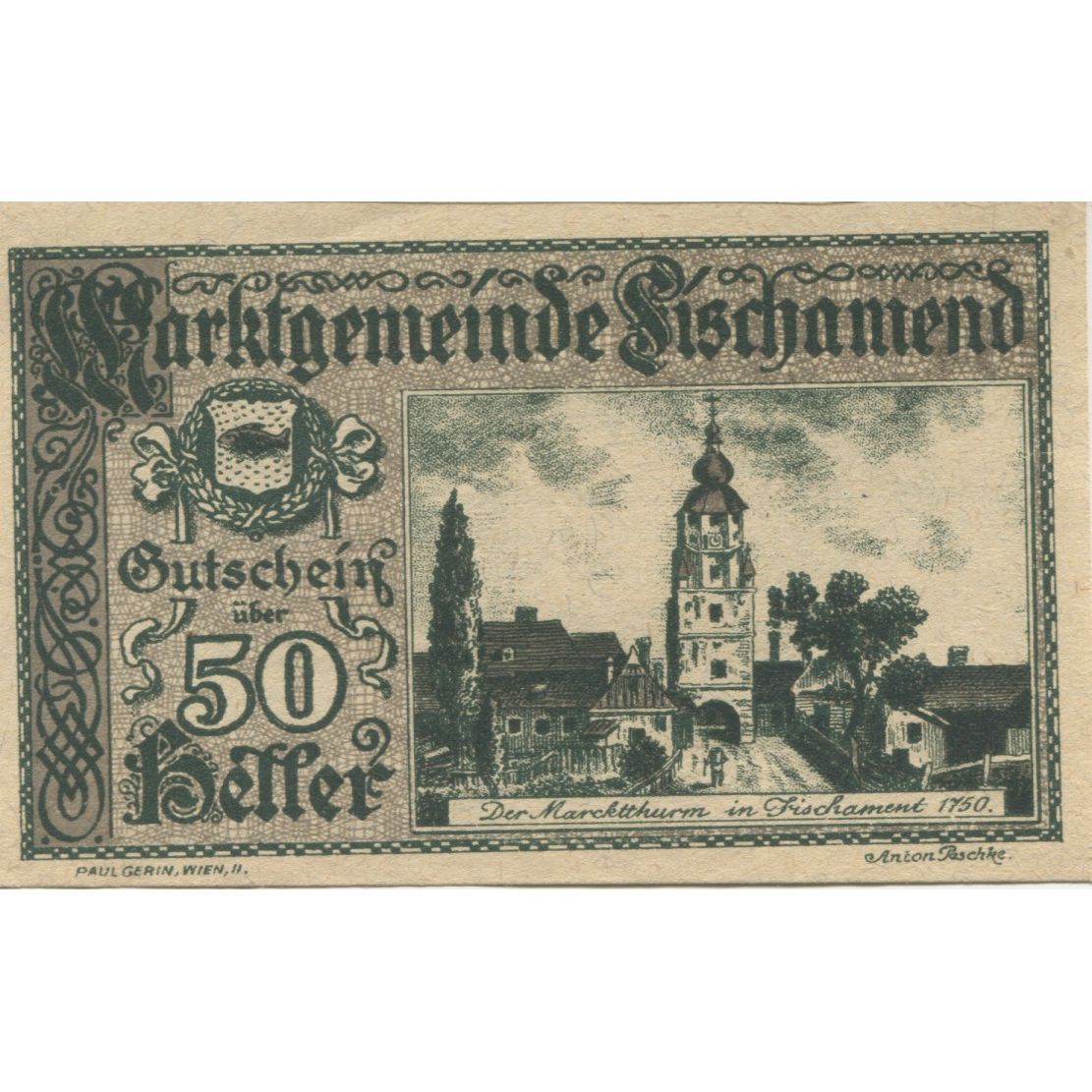 Billet, Autriche, Fischamed, 50 Heller, Eglise 1920-06-25, SPL, Mehl:FS 202