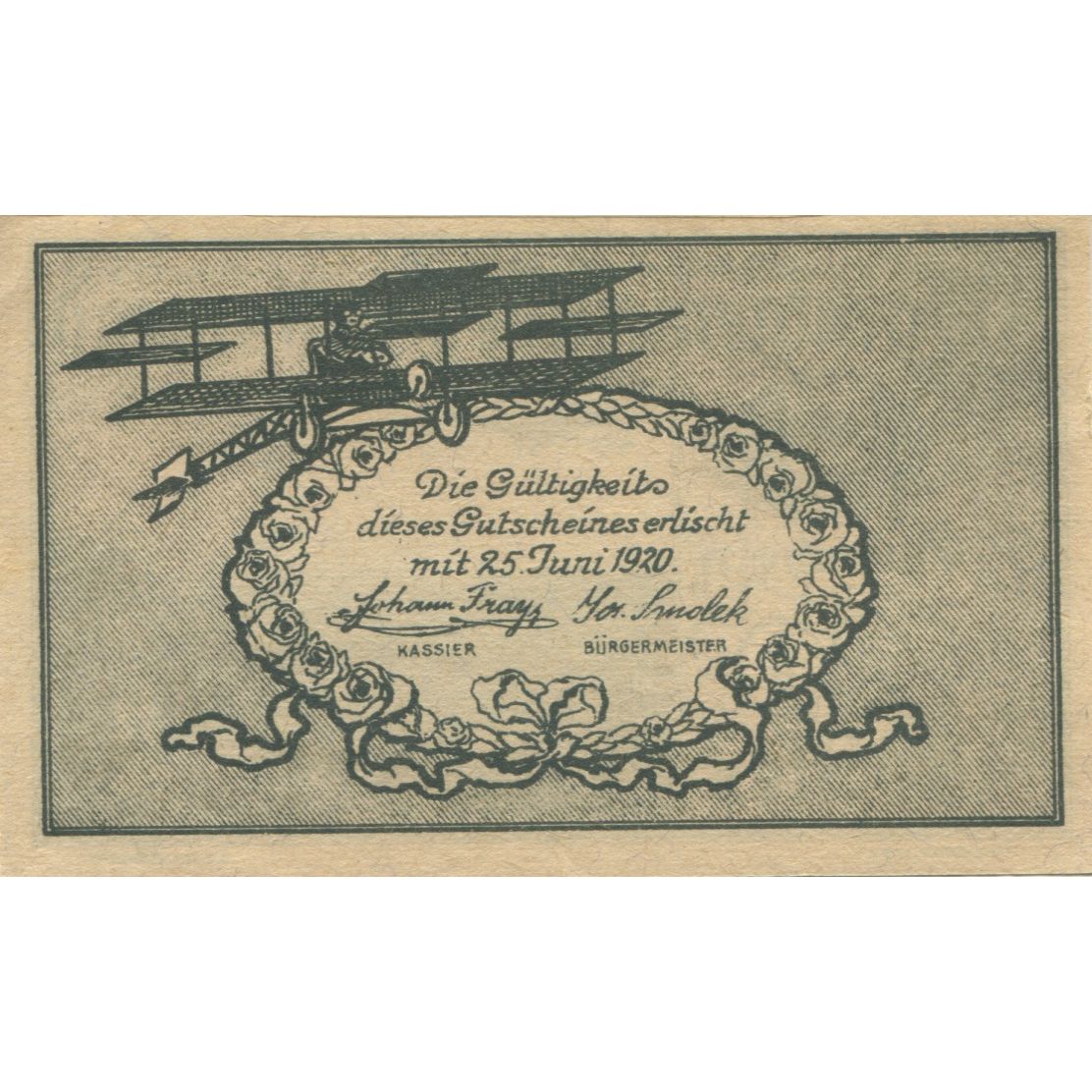 Biljet, Oostenrijk, Fischamend, 20 Heller, avion 1920-06-25, SPL, Mehl:FS 202