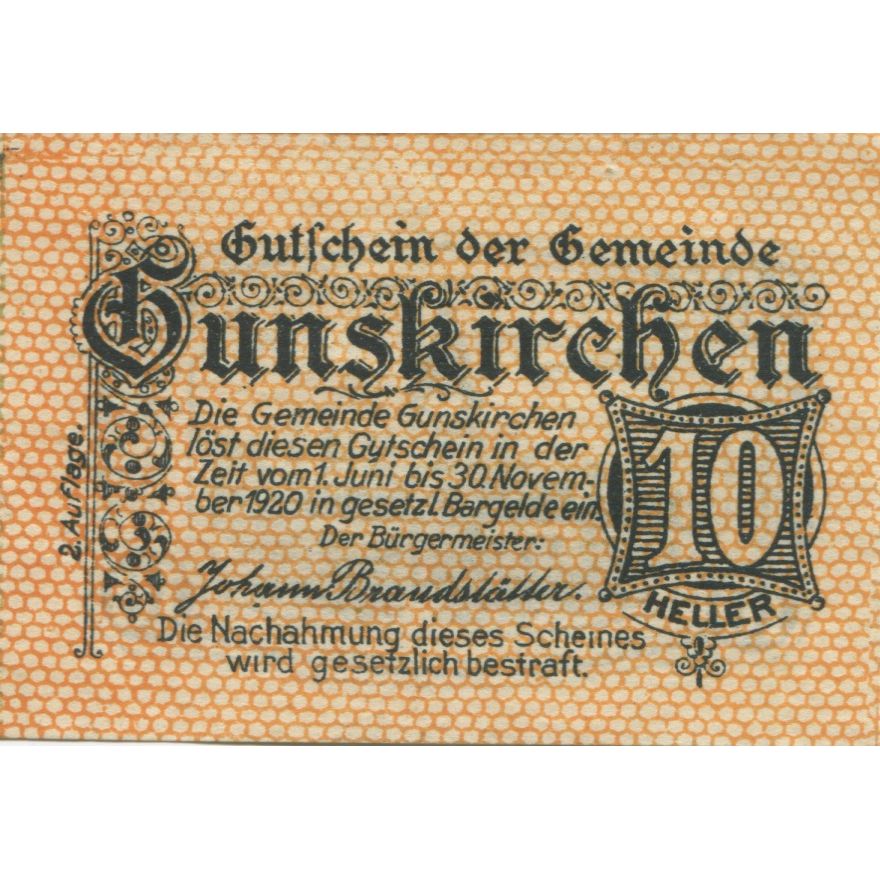 Banknote, Austria, Gunskirchen, 10 Heller, Eglise, 1920 UNC(63) Mehl:FS 309Ia
