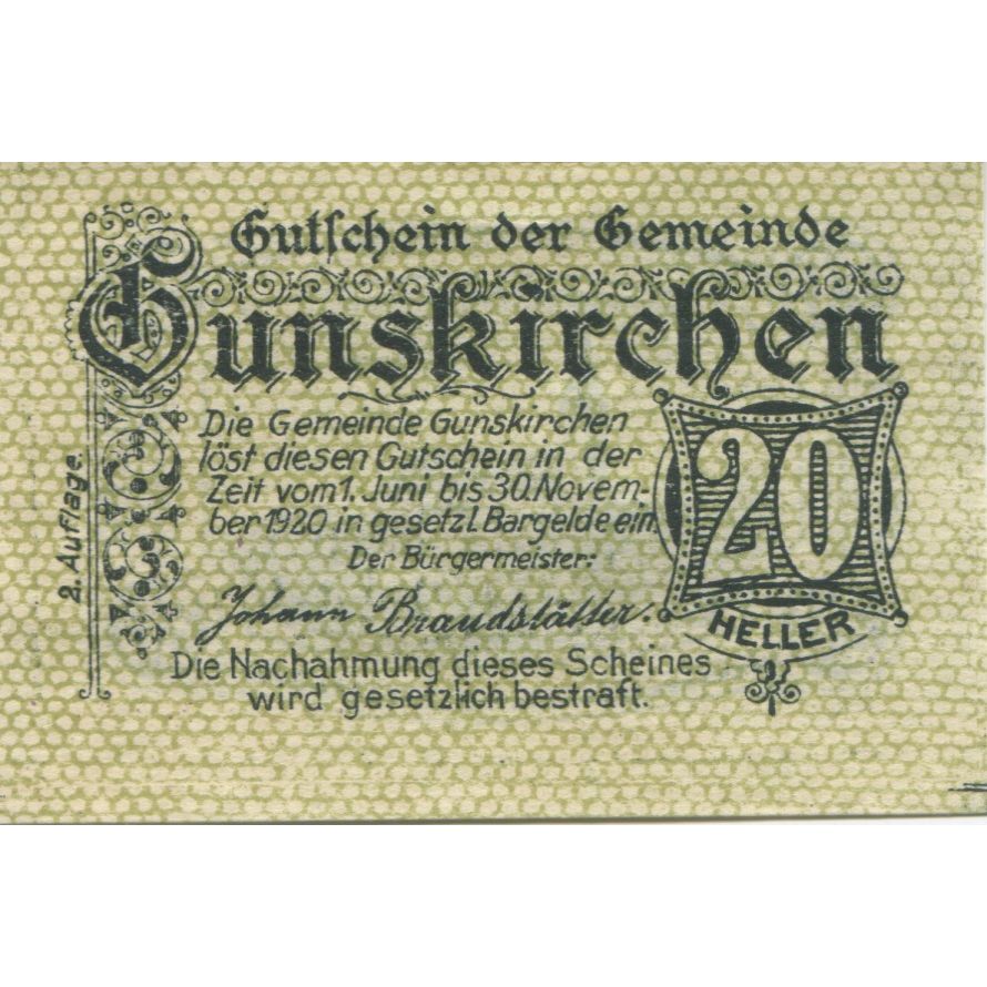 Banknote, Austria, Gunskirchen, 20 Heller, Eglise, 1920 UNC(63) Mehl:FS 309Ia