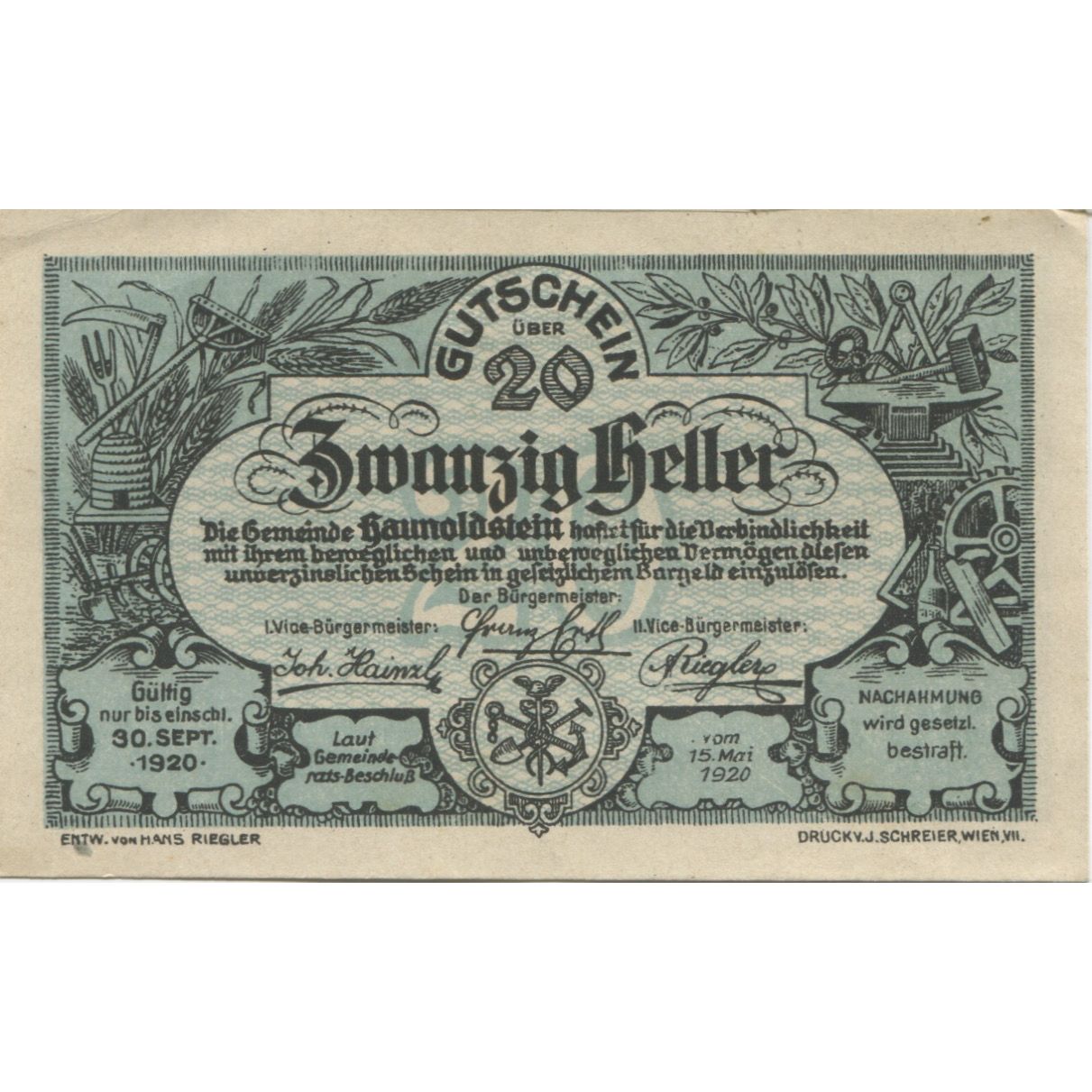 Biljet, Oostenrijk, Haunoldstein, 20 Heller, château 1920-09-30, SPL Mehl:FS 356