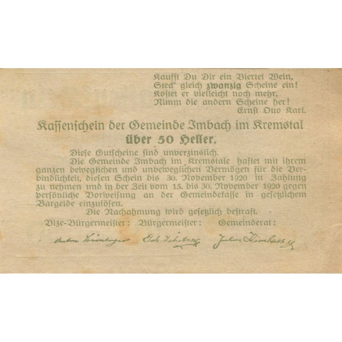 Biljet, Oostenrijk, Imbach, 50 Heller, Eglise 1920-12-31, SUP Mehl:FS 404Ia