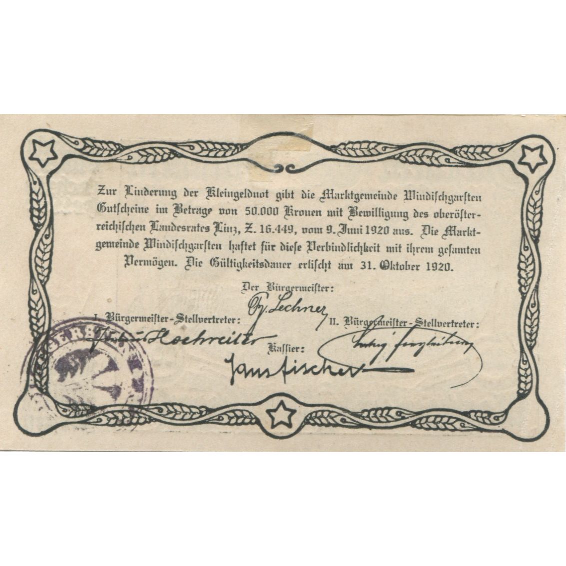 Biljet, Oostenrijk Windischgarsten 60 Heller, Eglise 1920 SUP+ Mehl:FS 1245IIIa