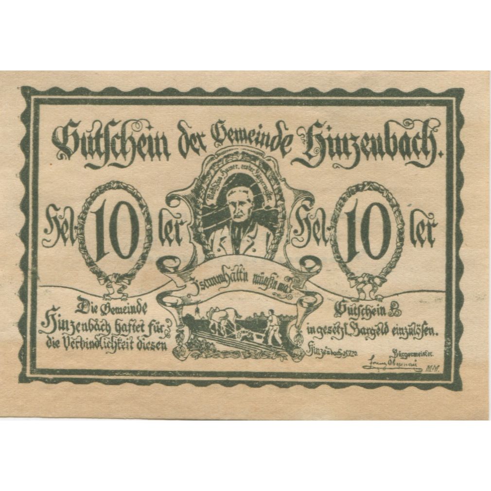 Banknot, Austria, Hinzenbach, 10 Heller, portrait 1920 AU(55-58) Mehl:FS 378IIa