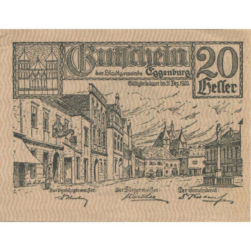 Banknot, Austria, Eggenburg, 20 Heller, village 1920-12-31, UNC(63) Mehl:FS 162b