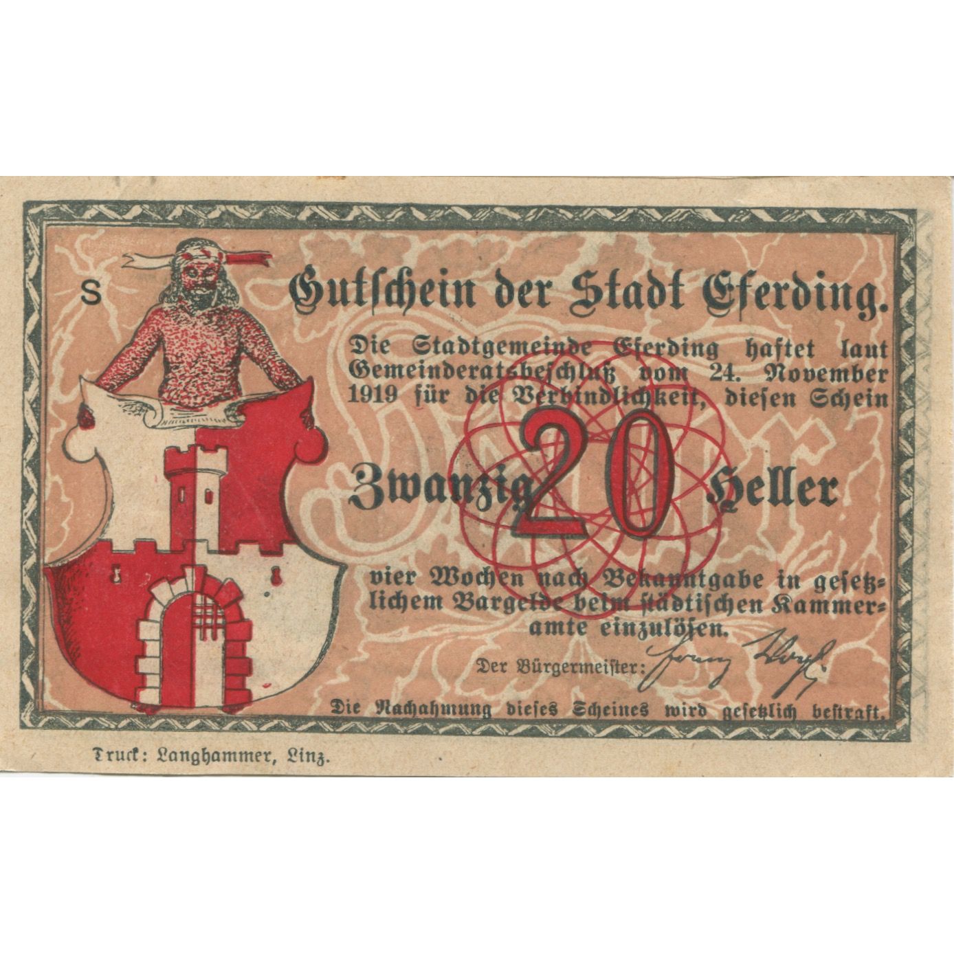 Billet, Autriche, Eferding, 20 Heller, Blason, 1920, SUP+, Mehl:FS 152I