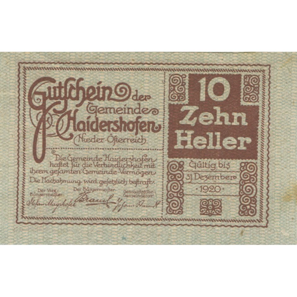 Banknote, Austria, Haidershofen, 10 Heller, château 1920 AU(55-58) Mehl:FS 335Ib