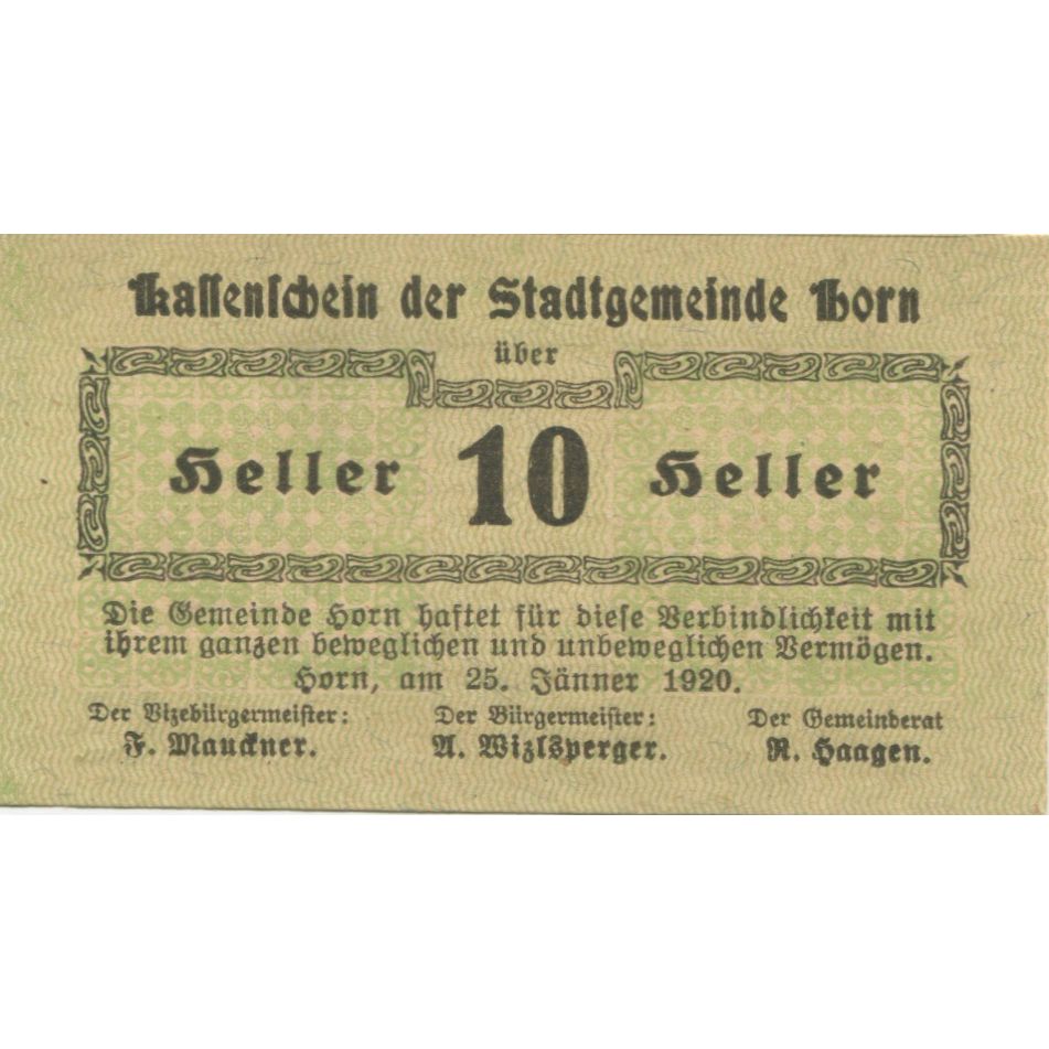 Banconote, Austria, Horn, 10 Heller, valeur faciale, 1920 SPL Mehl:FS 397Ia5