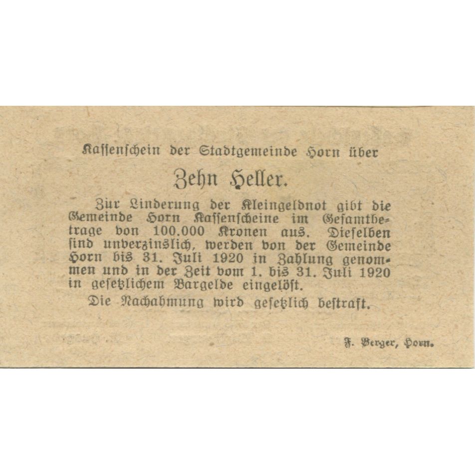 Banconote, Austria, Horn, 10 Heller, valeur faciale, 1920 SPL Mehl:FS 397Ia5