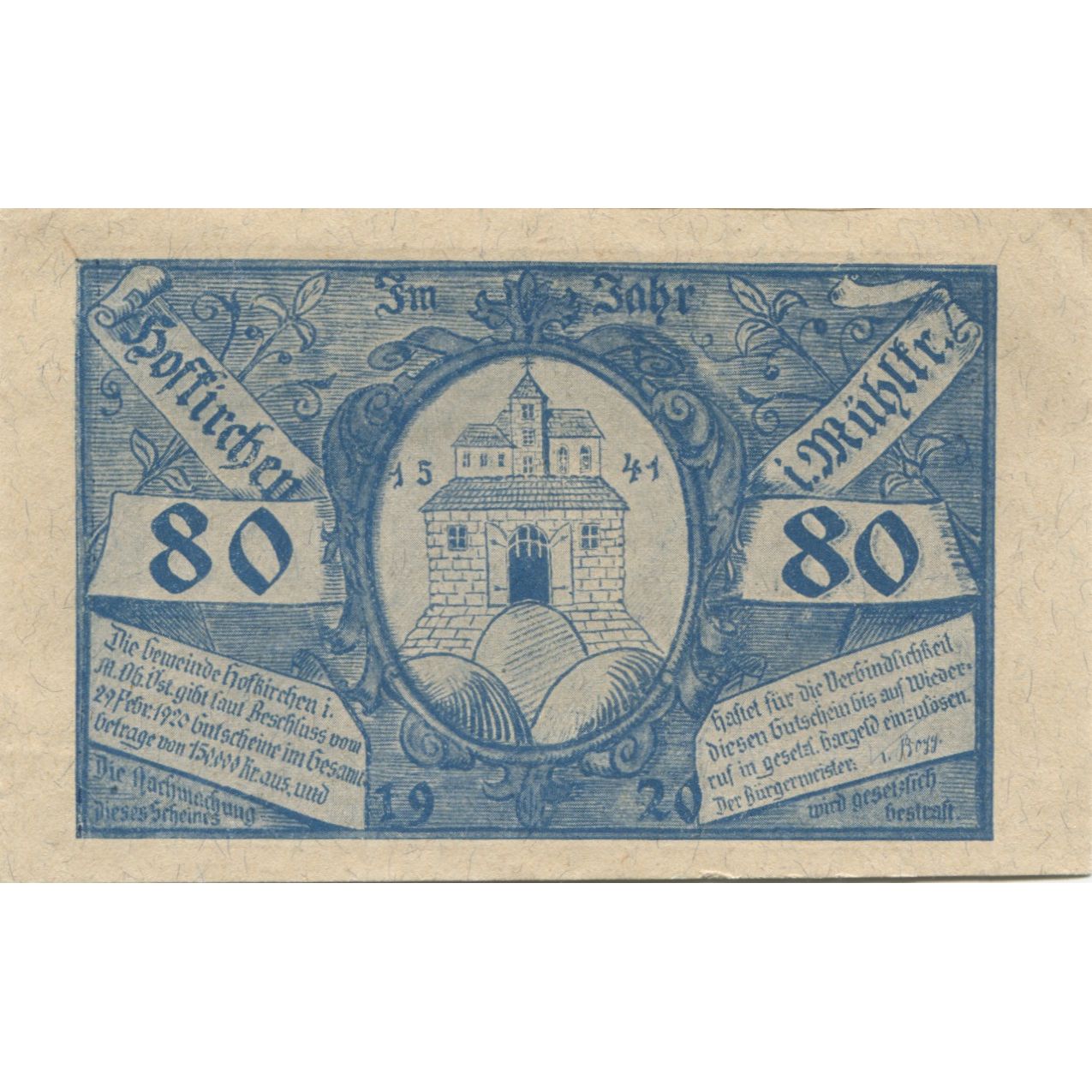 Banknote, Austria, Hofkirchen, 80 Heller, château, 1920, UNC(63), Mehl:FS 386Ia1