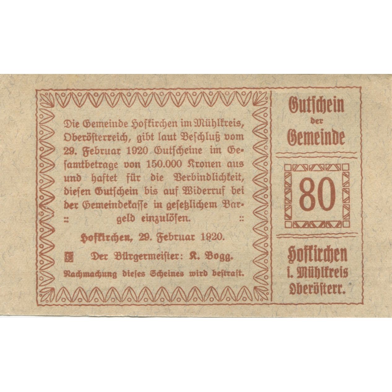 Banknote, Austria, Hofkirchen, 80 Heller, château, 1920, UNC(63), Mehl:FS 386Ia1