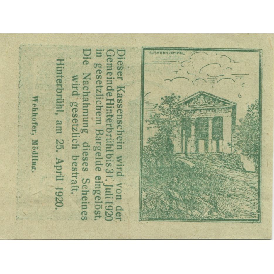 Banconote, Austria, Hinterbrühl, 20 Heller, tour 1920-07-31, SPL Mehl:FS 376Ia