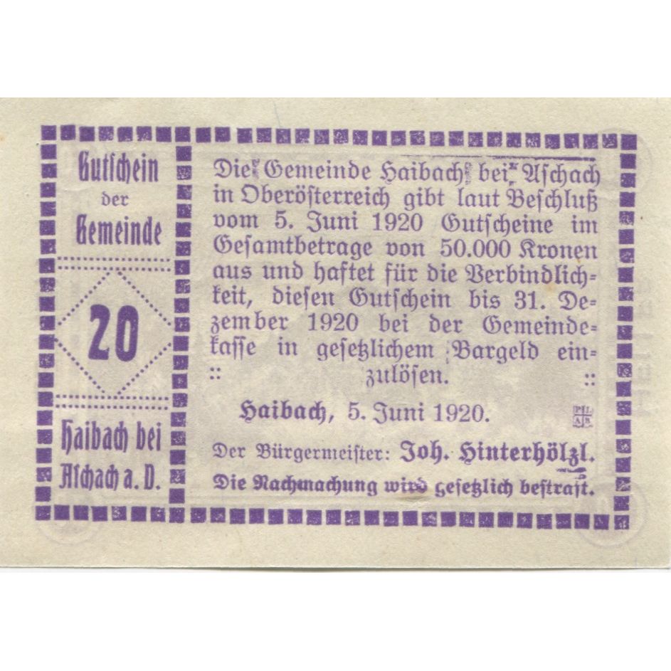 Banknote, Austria, Aschach, 20 Heller, montagne, 1920, UNC(63) Mehl:FS 54c