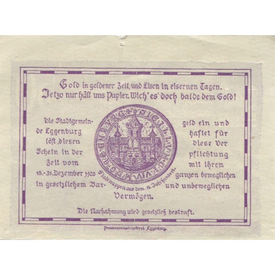 Banknote, Austria, Eggenburg, 50 Heller, château, 1920 AU(55-58) Mehl:FS 162a