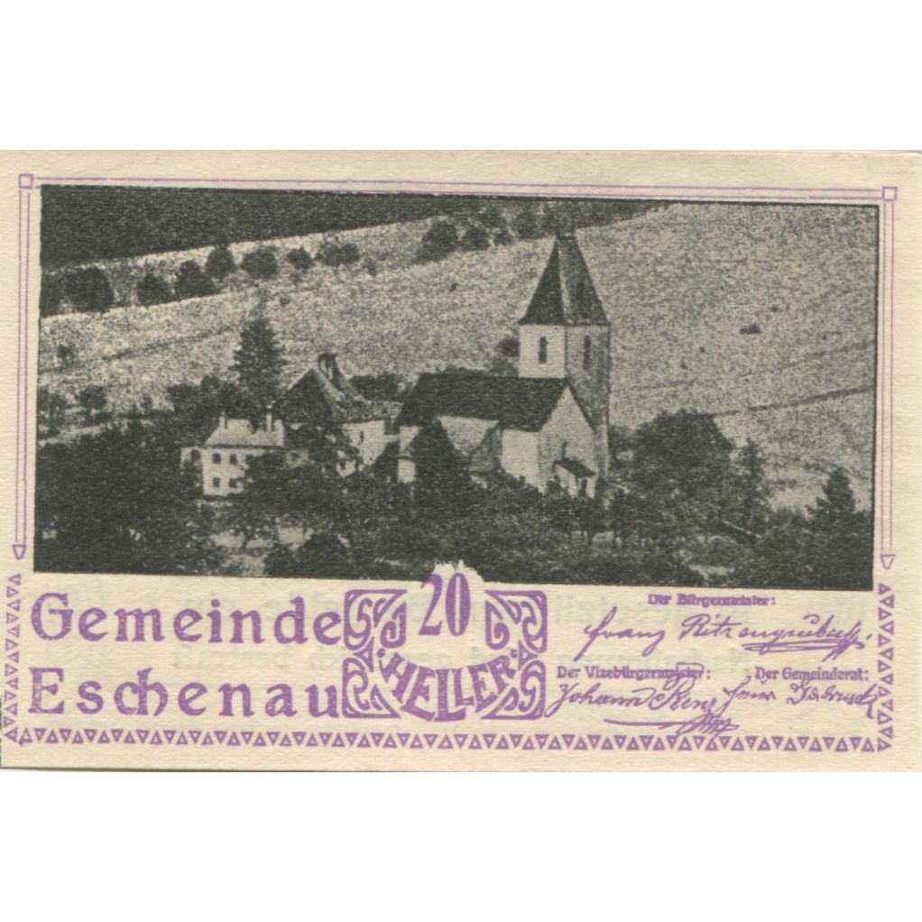Banknote, Austria, Eschenau, 20 Heller, Eglise, 1920 UNC(63) Mehl:FS 186c