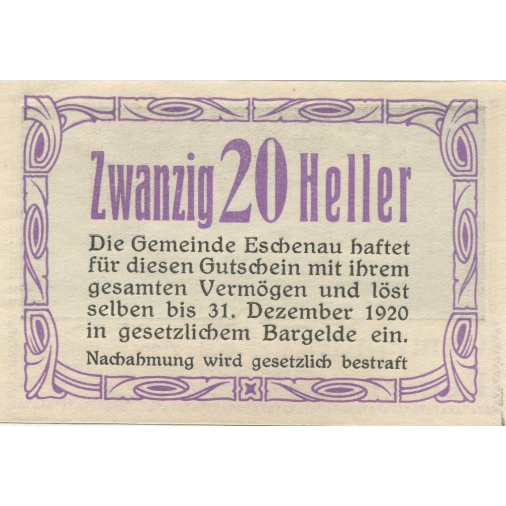 Banknote, Austria, Eschenau, 20 Heller, Eglise, 1920 UNC(63) Mehl:FS 186c
