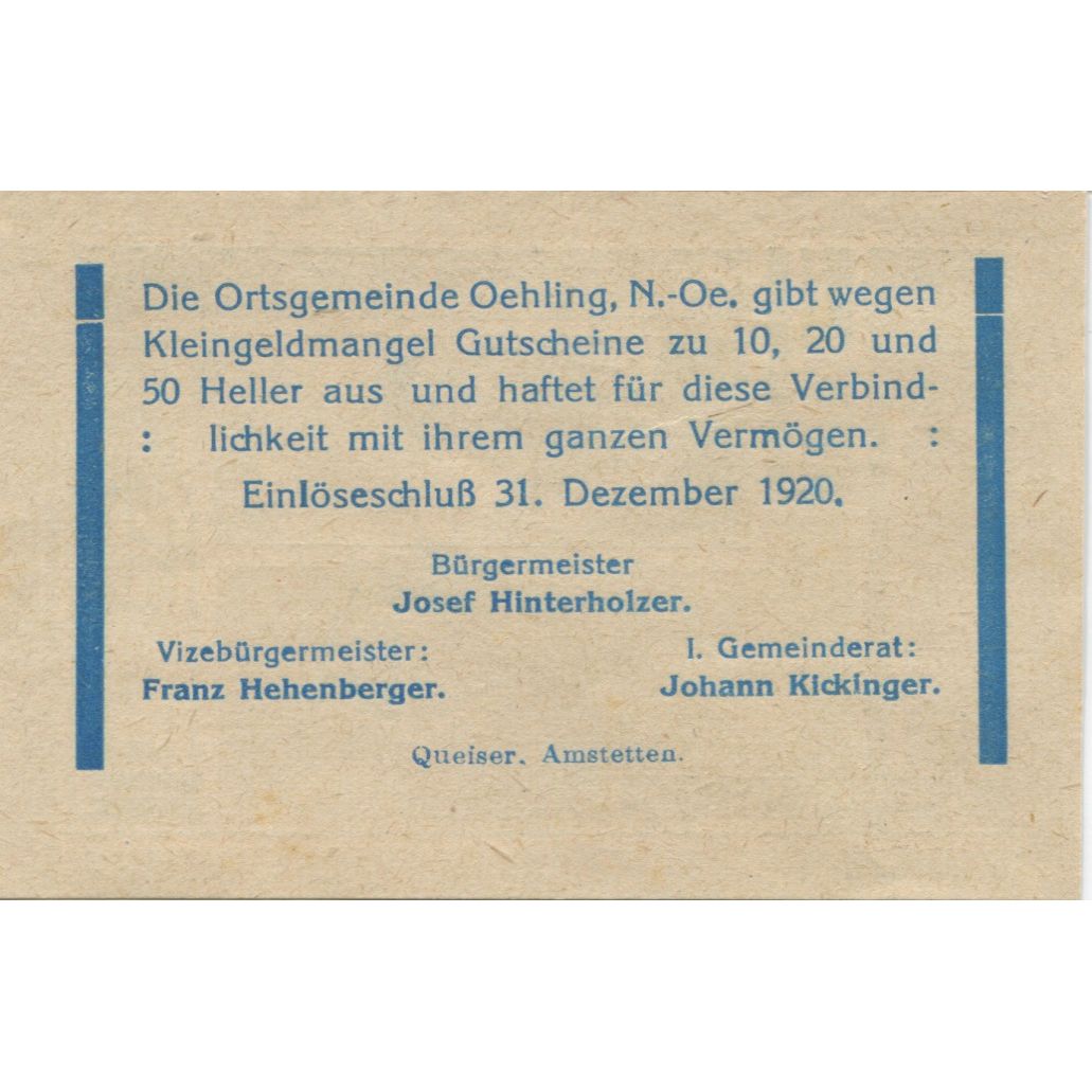 Banknote, Austria, Oehling, 20 Heller, montagne, 1920 UNC(63) Mehl:FS 707a
