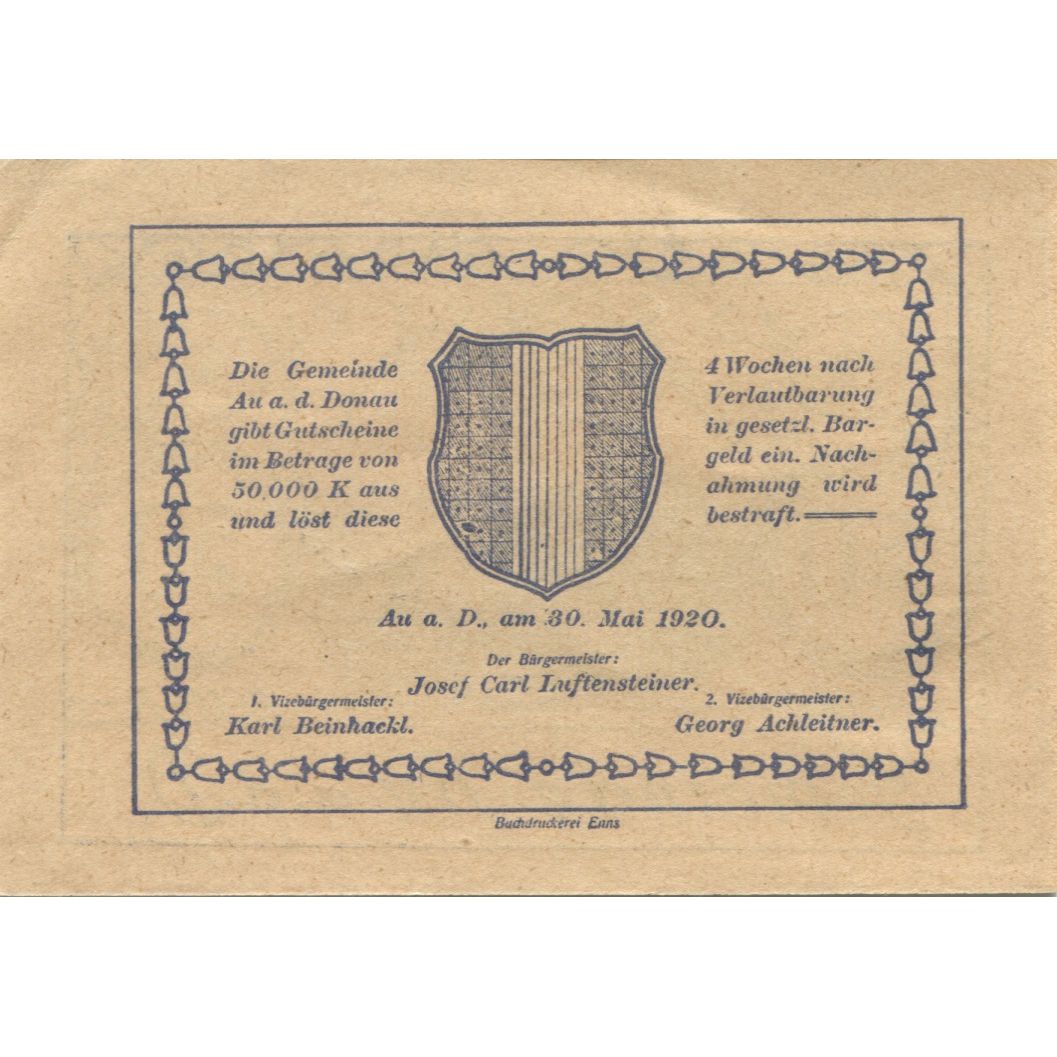 Banknote, Austria, Au a.d D, 50 Heller, grange, 1920 UNC(63) Mehl:FS 64