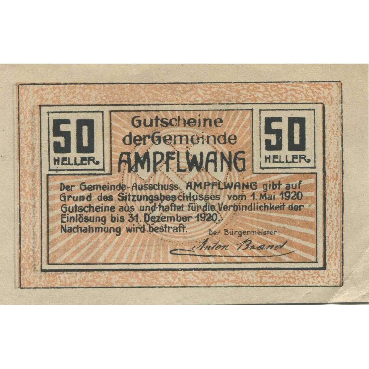 Geldschein, Österreich, Ampflwang, 50 Heller, village 1920-12-31 VZ+ Mehl:FS 36a