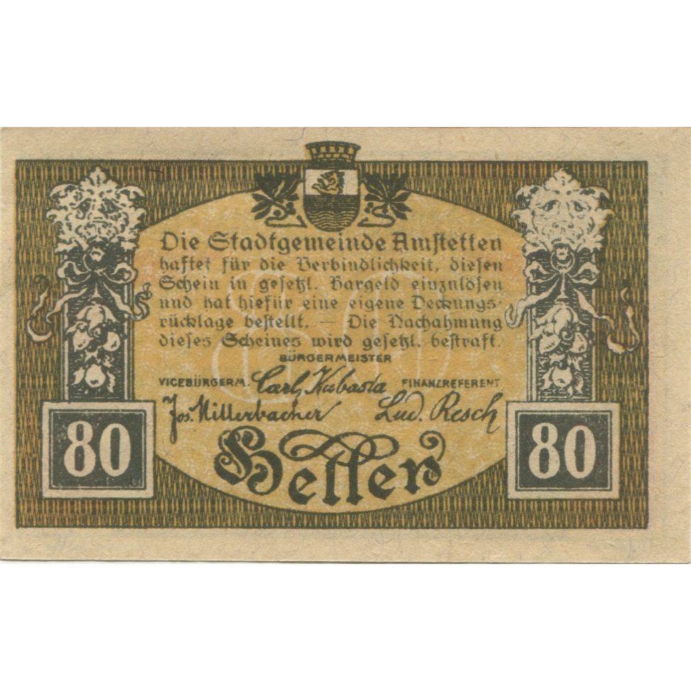 Banknote, Austria, Amstetten, 80 Heller, paysage, 1920 UNC(63) Mehl:FS 37II